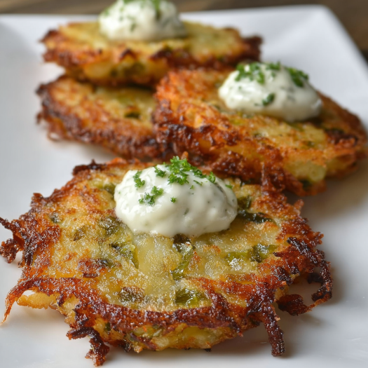 A plate of latkes with white sauce on top.