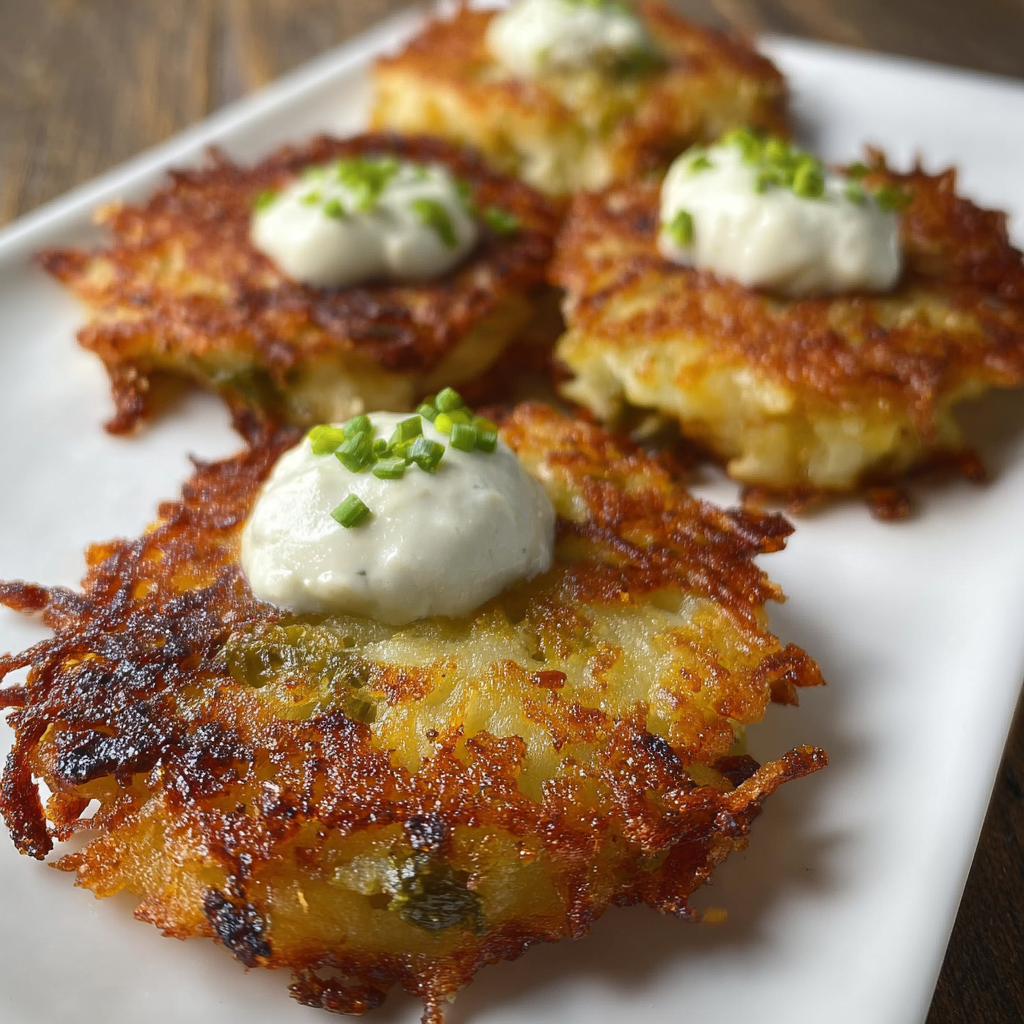 A plate of latkes with white sauce on top.