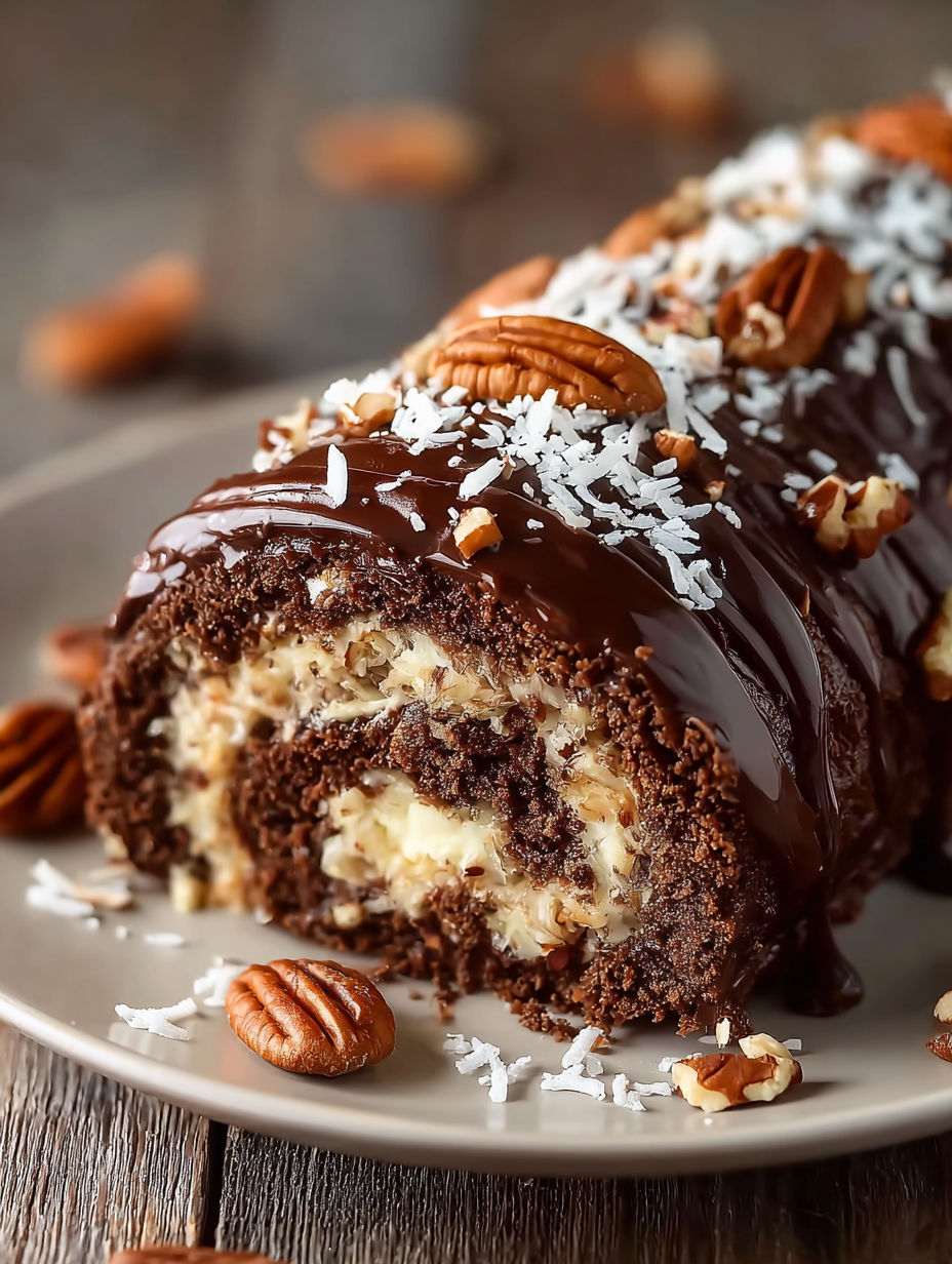 A delicious chocolate cake with nuts and coconut on top, ready to be enjoyed.