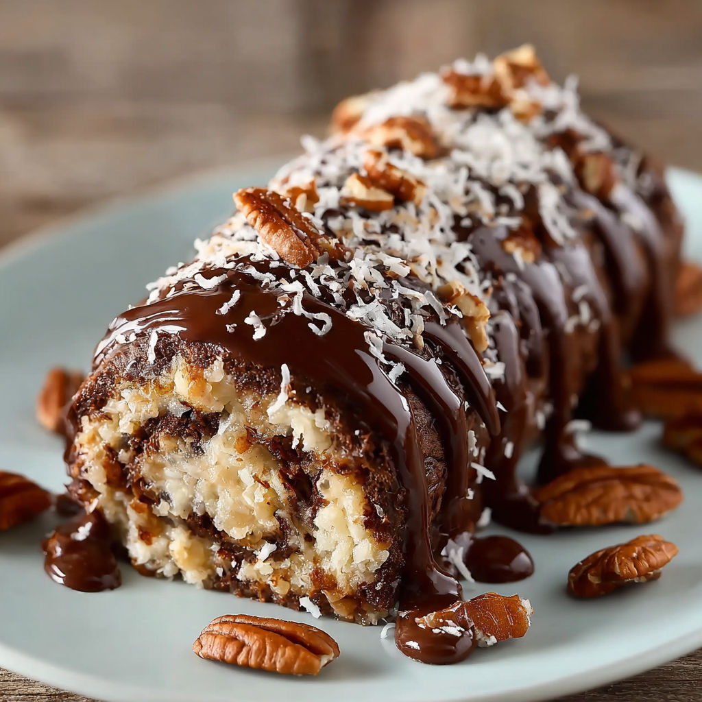 A delicious chocolate and nut-covered cake roll is displayed on a plate.