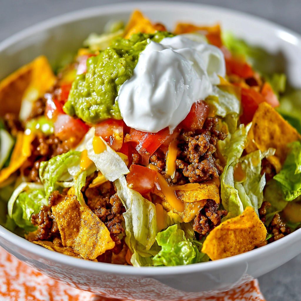 A bowl of Dorito Taco Salad with lettuce, tomatoes, and cheese.