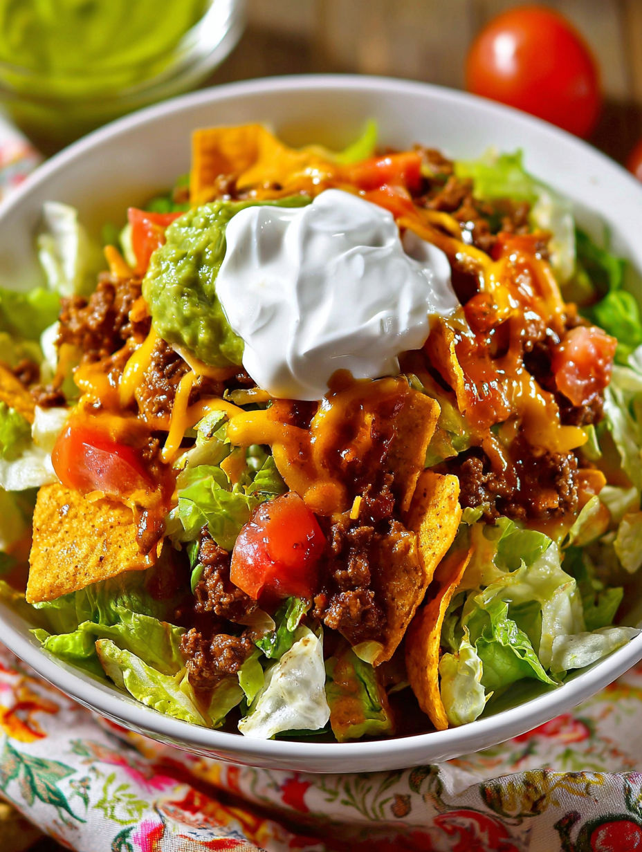 A bowl of Mexican food, including lettuce, tomatoes, and cheese, is served in a white bowl.