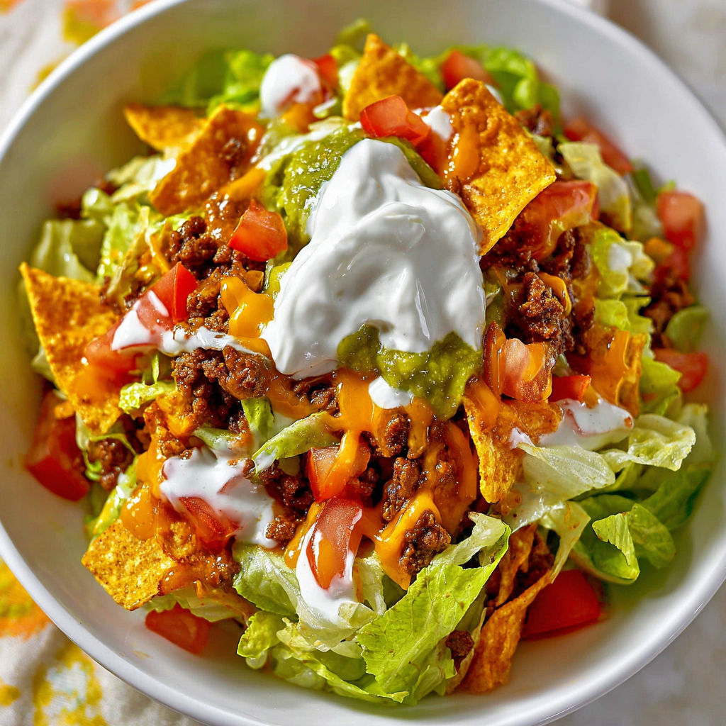A bowl of Mexican food, including lettuce, tomatoes, and cheese, is served in a white bowl.