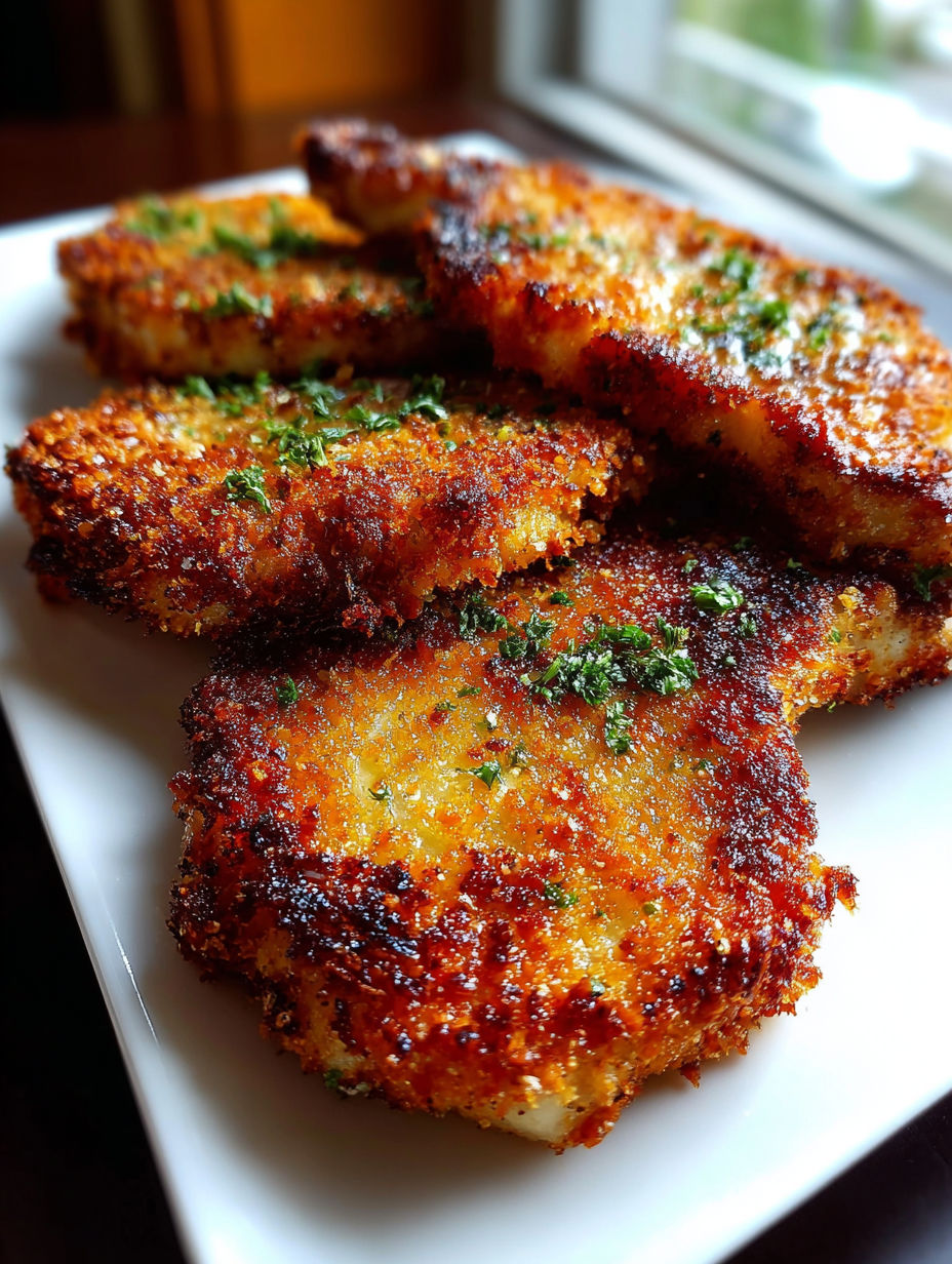 A plate of country fried pork chops with herbs and spices.