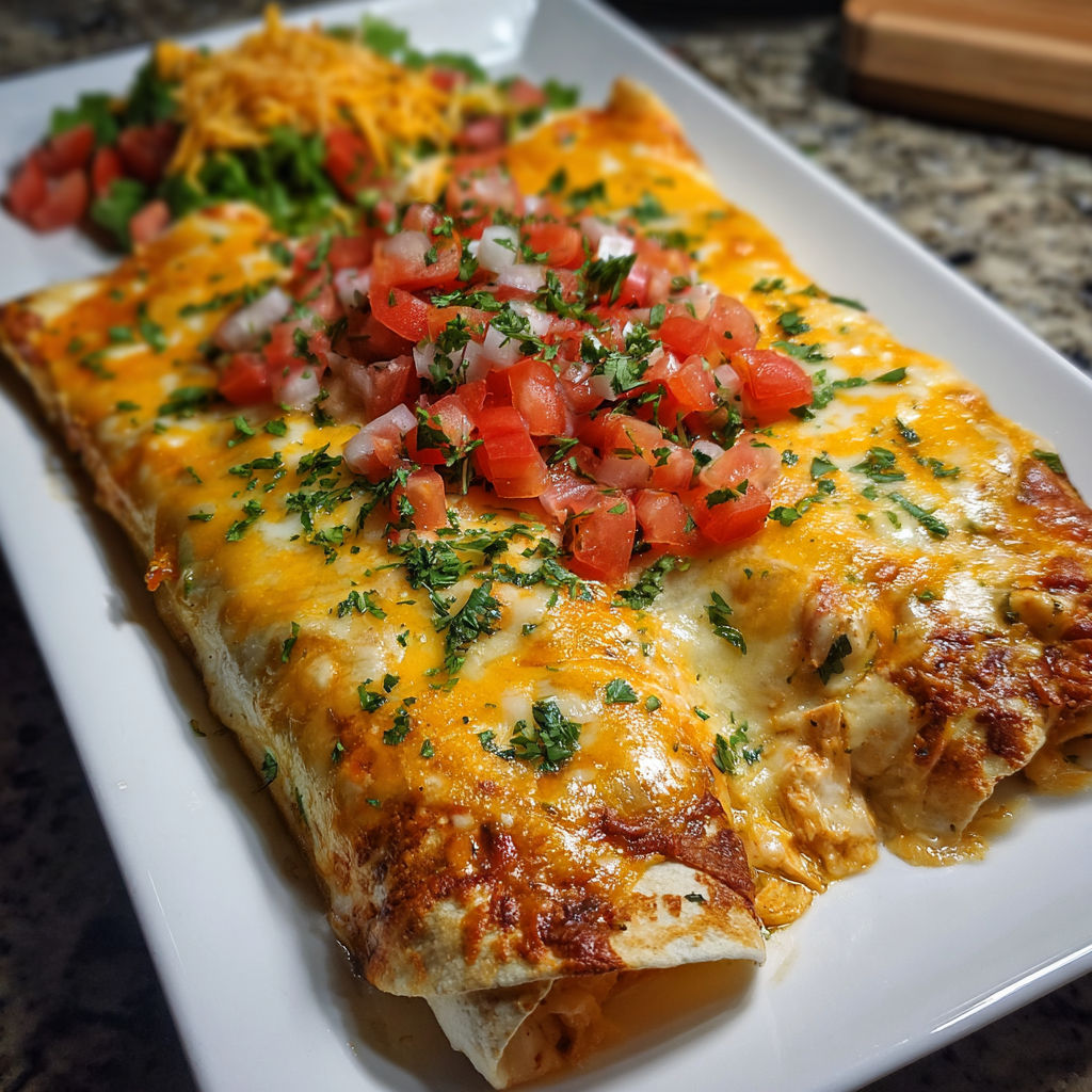 A delicious Mexican dish, possibly a quesadilla or a burrito, is served on a white plate. The dish is topped with tomatoes, cheese, and possibly other ingredients, making it a colorful and appetizing meal.