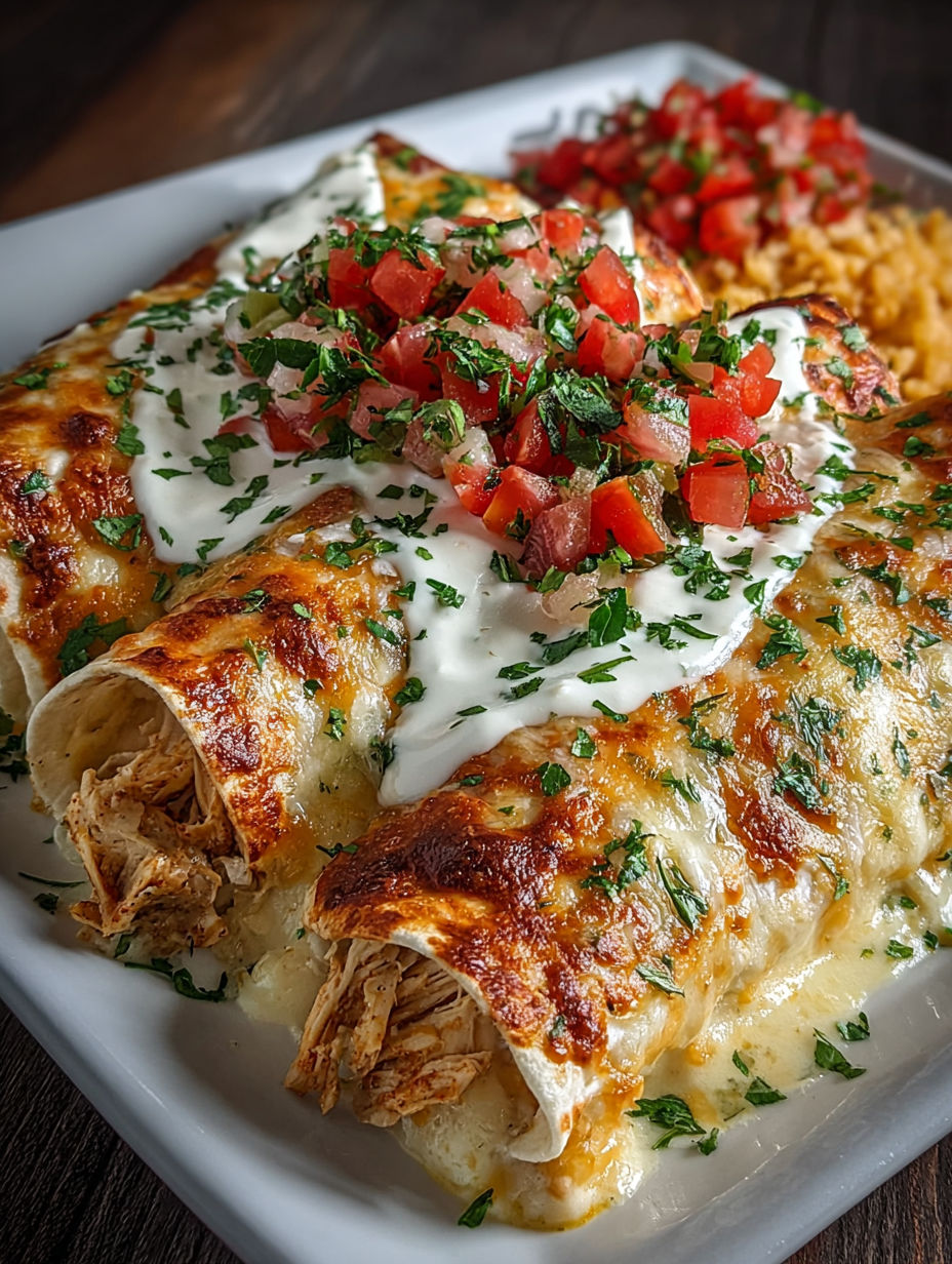 A delicious meal of chicken enchiladas with tomatoes and sour cream.