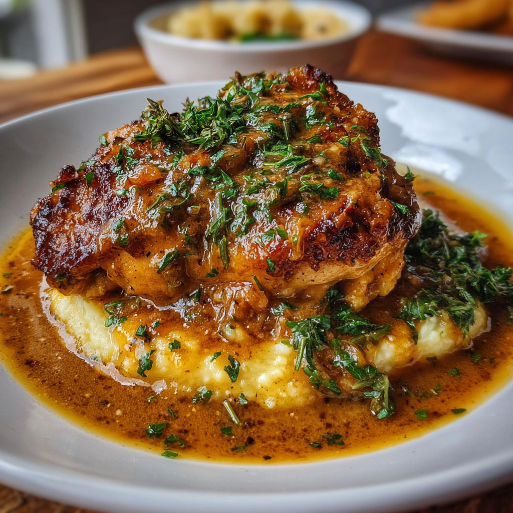 A plate of smothered chicken with a side of mashed potatoes.