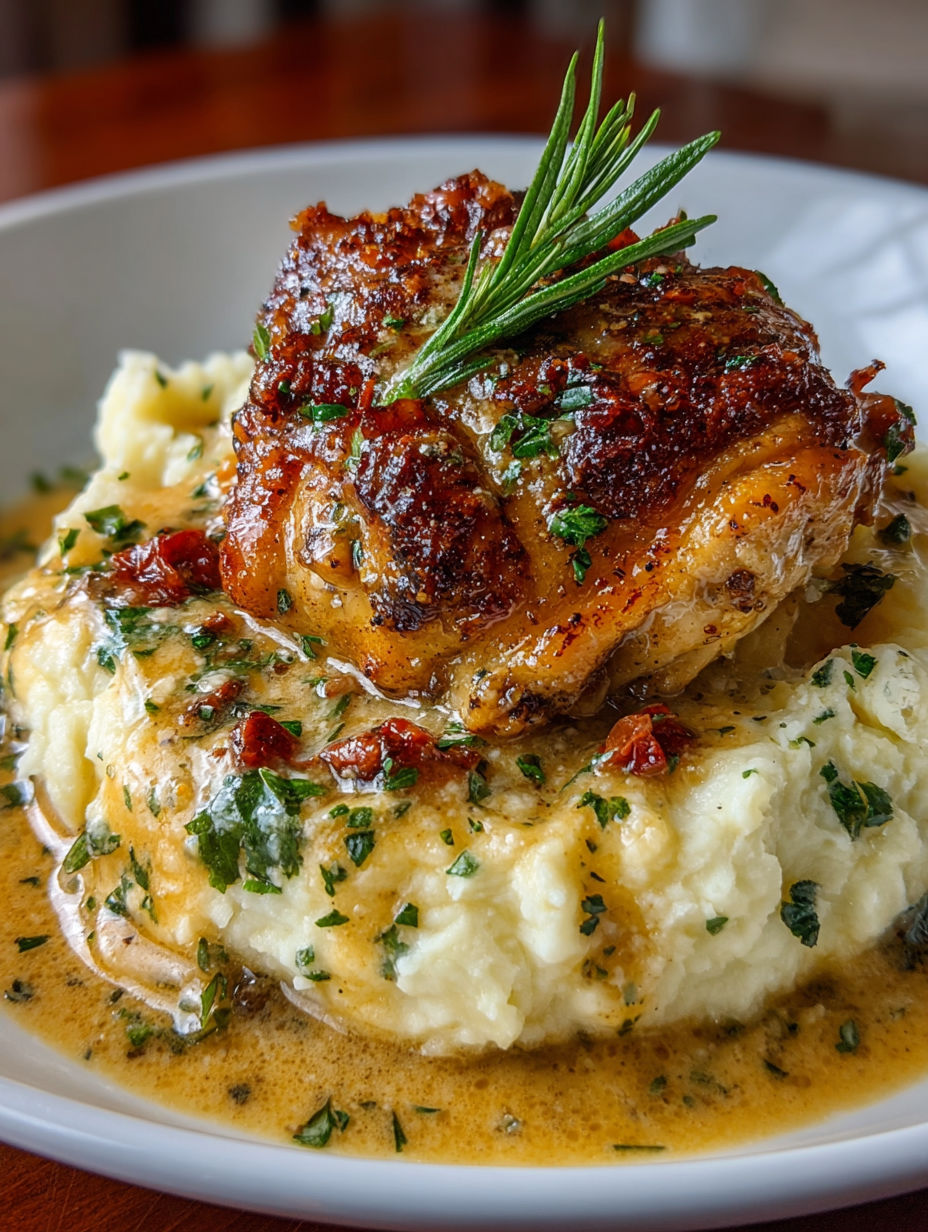 A delicious smothered chicken dish served on a plate with mashed potatoes and herbs.