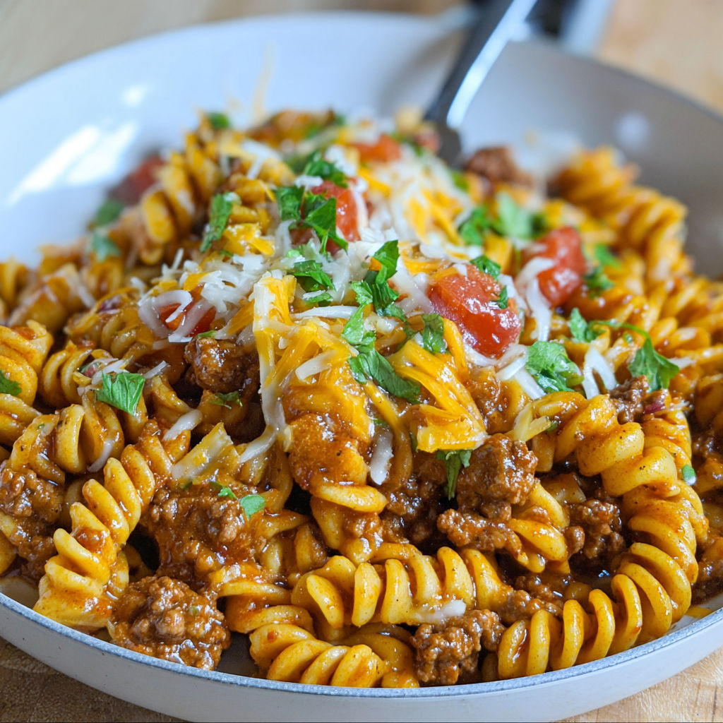A delicious Taco Pasta dish, filled with pasta, meat, and cheese, is served in a white bowl.