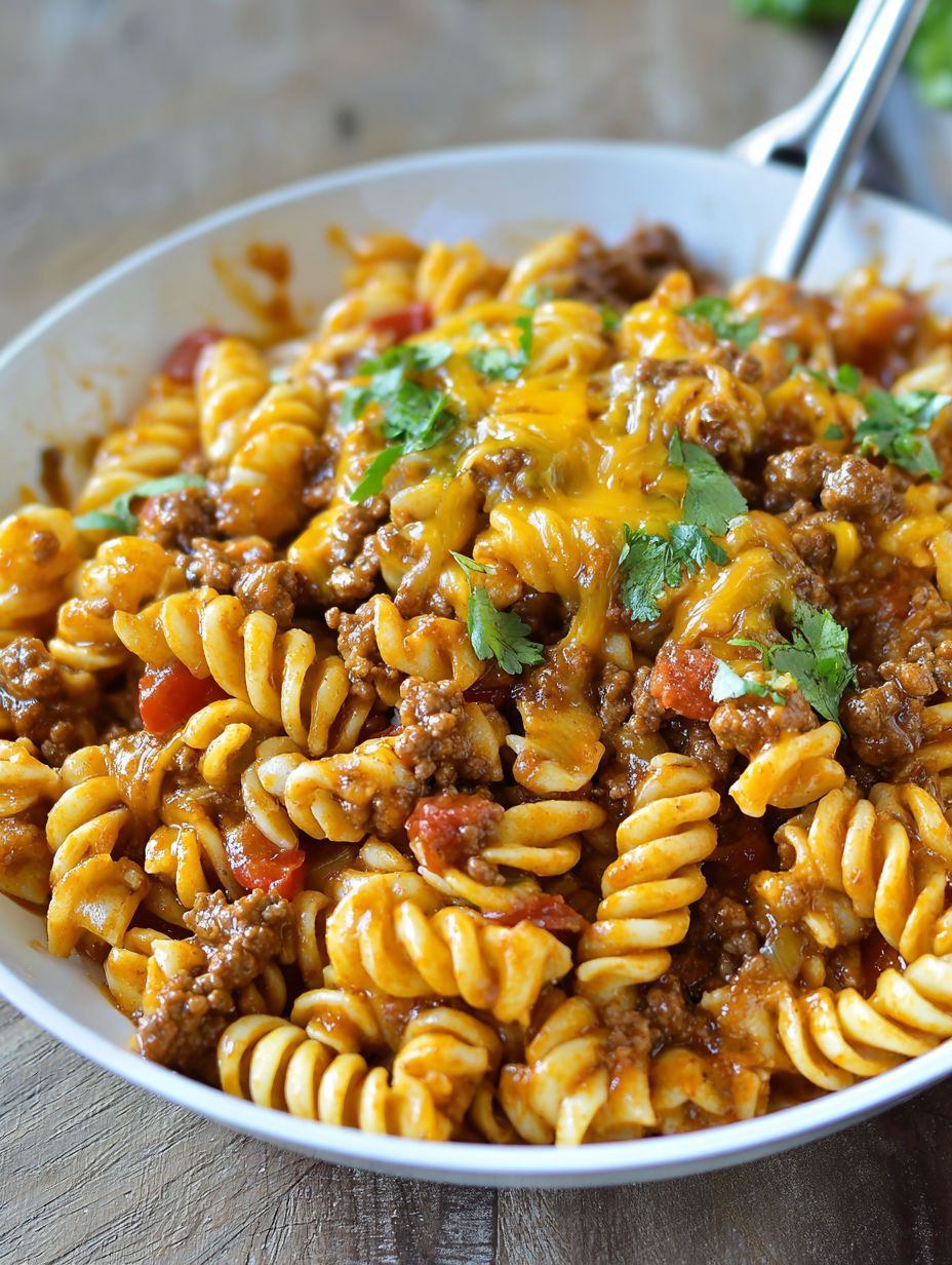 A bowl of pasta with meat sauce and cheese.