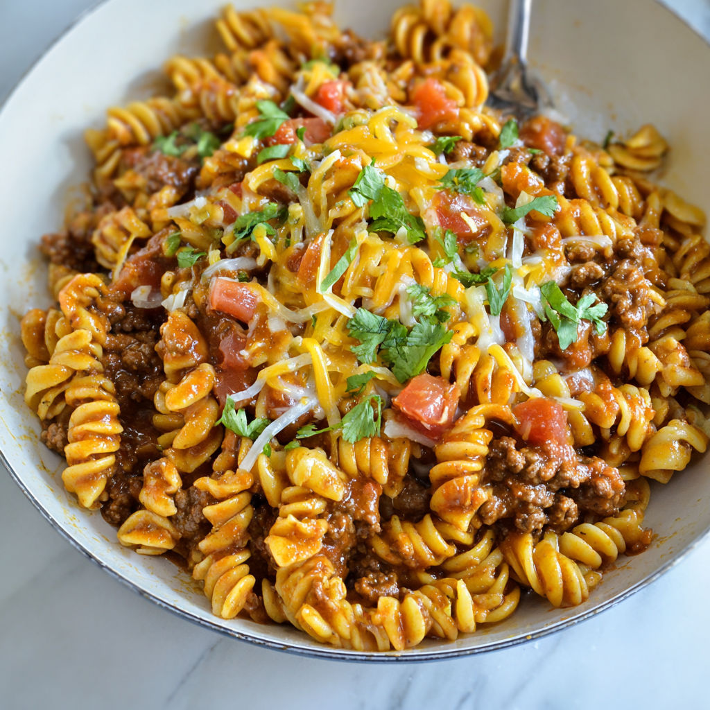 A bowl of pasta with meat and tomatoes.