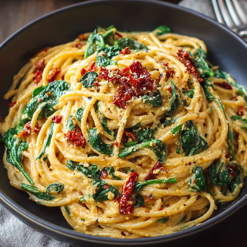 A bowl of pasta with spinach and tomatoes, ready to be eaten.