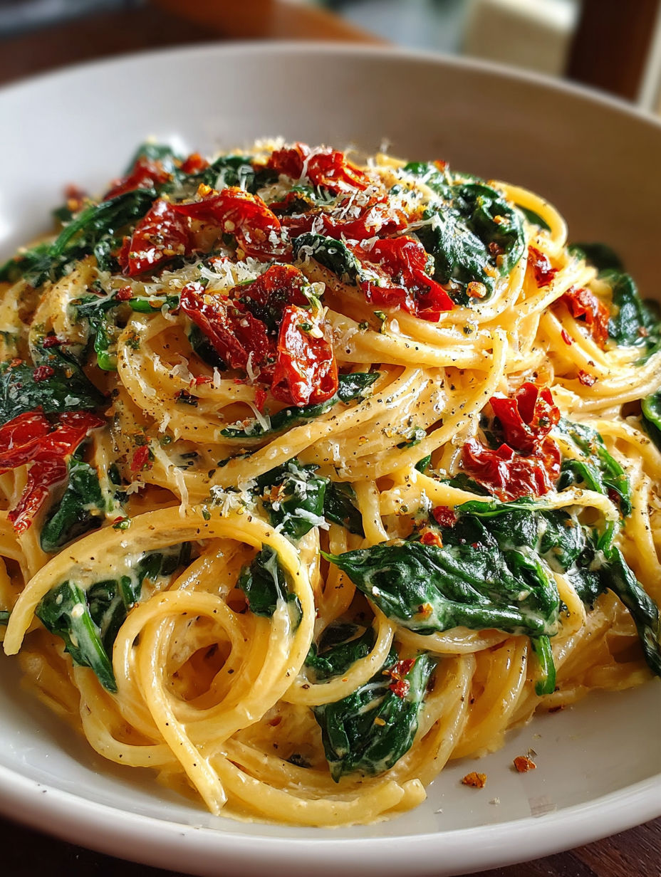 A plate of pasta with spinach and tomatoes, topped with cheese and seasoning.