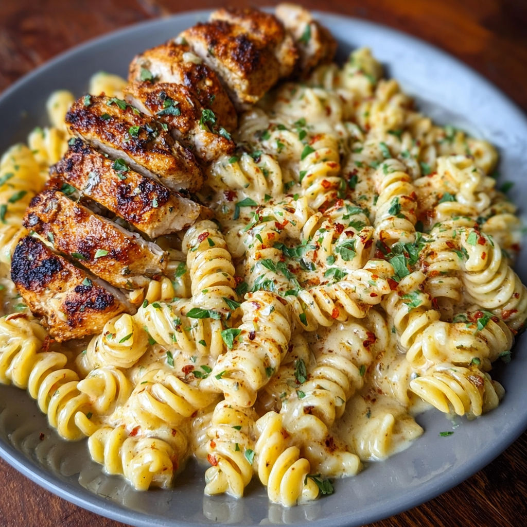A plate of pasta with chicken and cheese on top.
