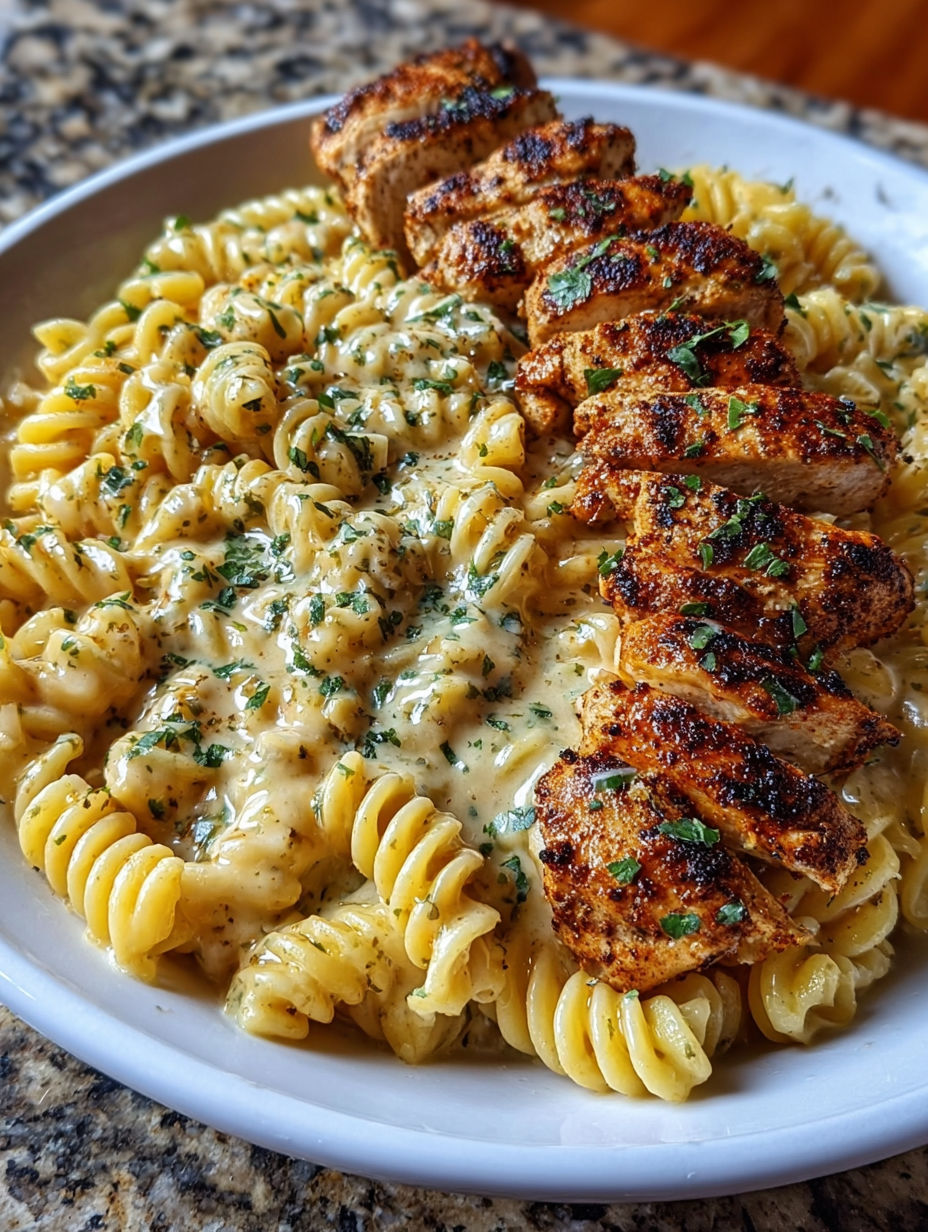 A plate of pasta with chicken and cheese on top.