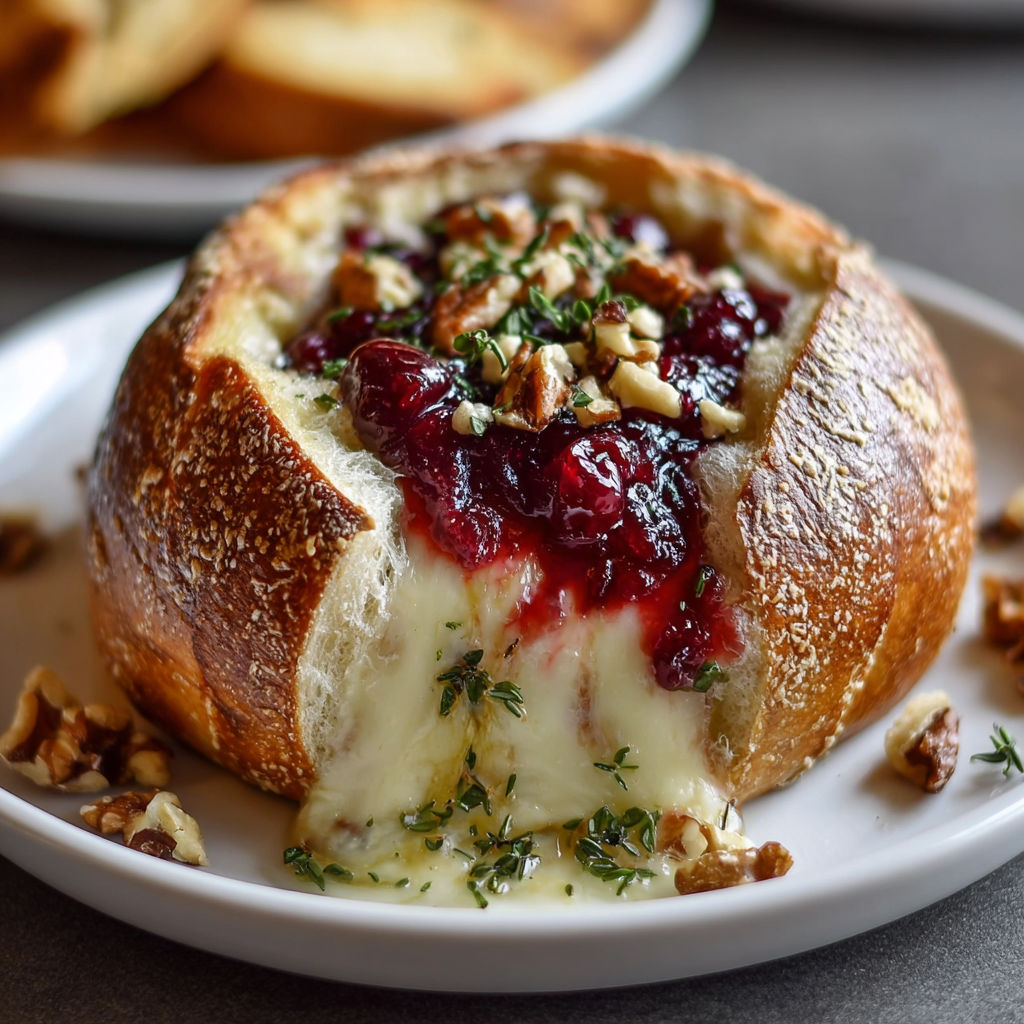 A baked brie in a bread bowl with cranberry sauce and thyme.