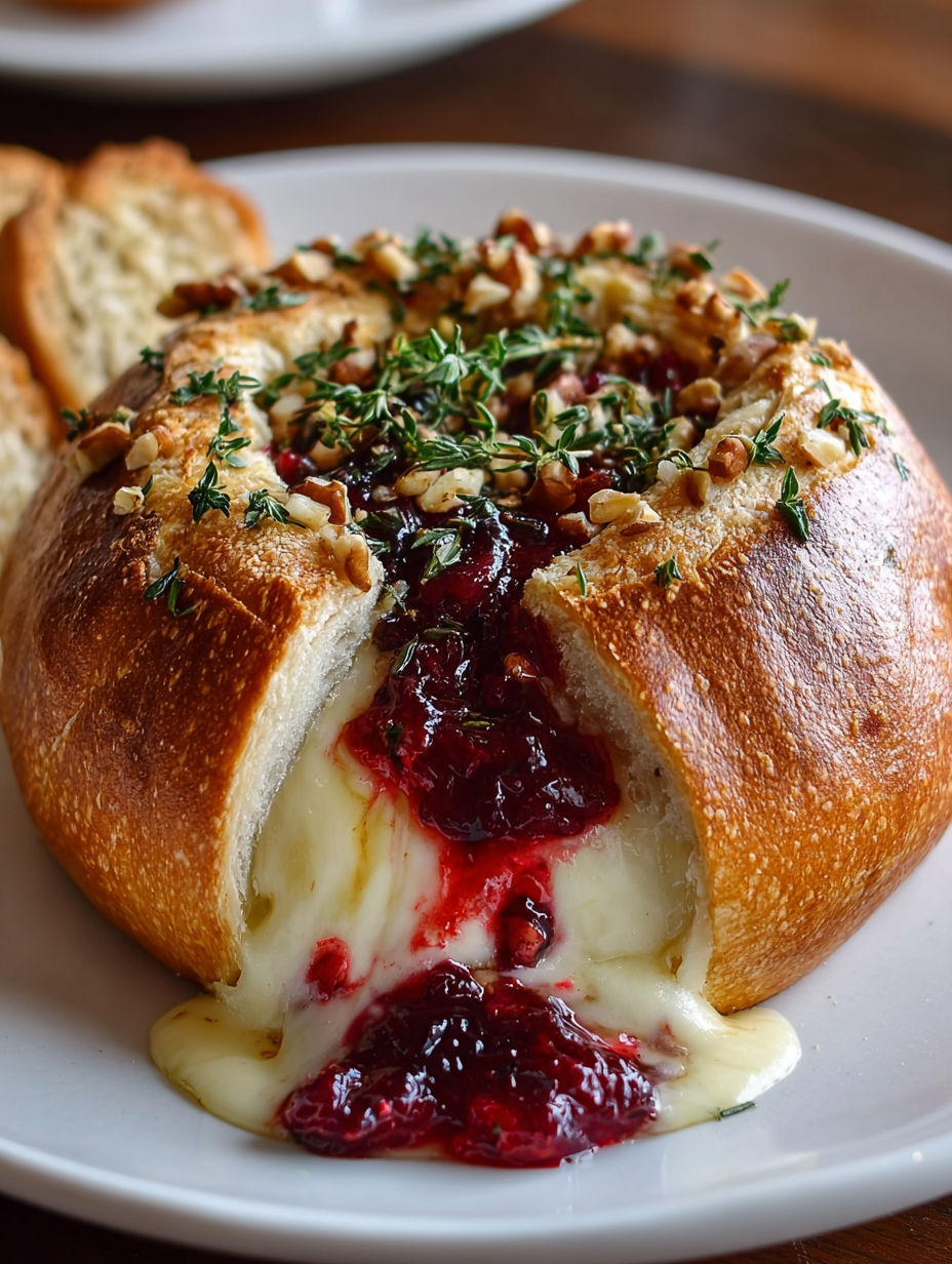 A baked brie in a bread bowl with cranberry sauce and thyme.