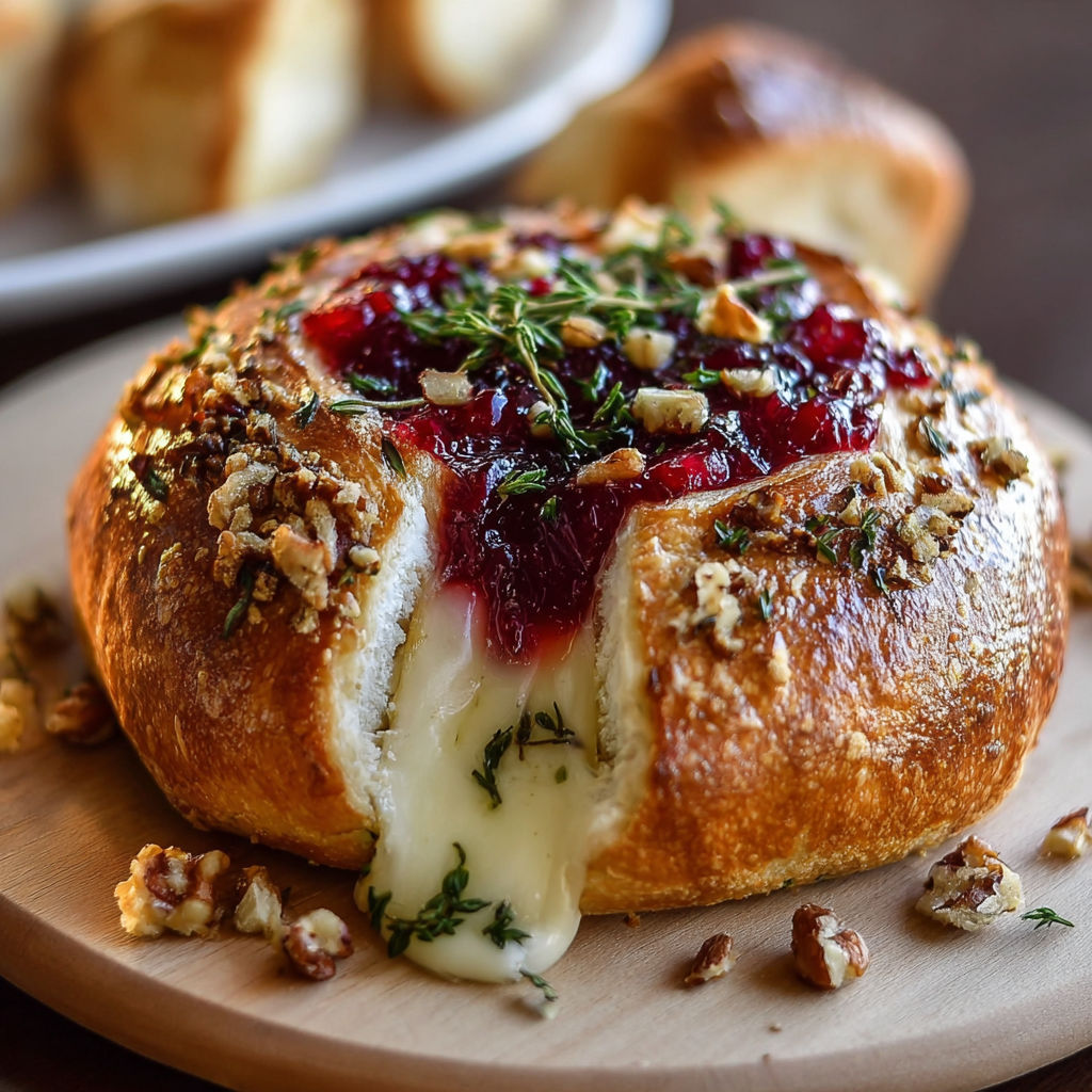 A baked brie in a bread bowl with cranberry sauce and thyme.