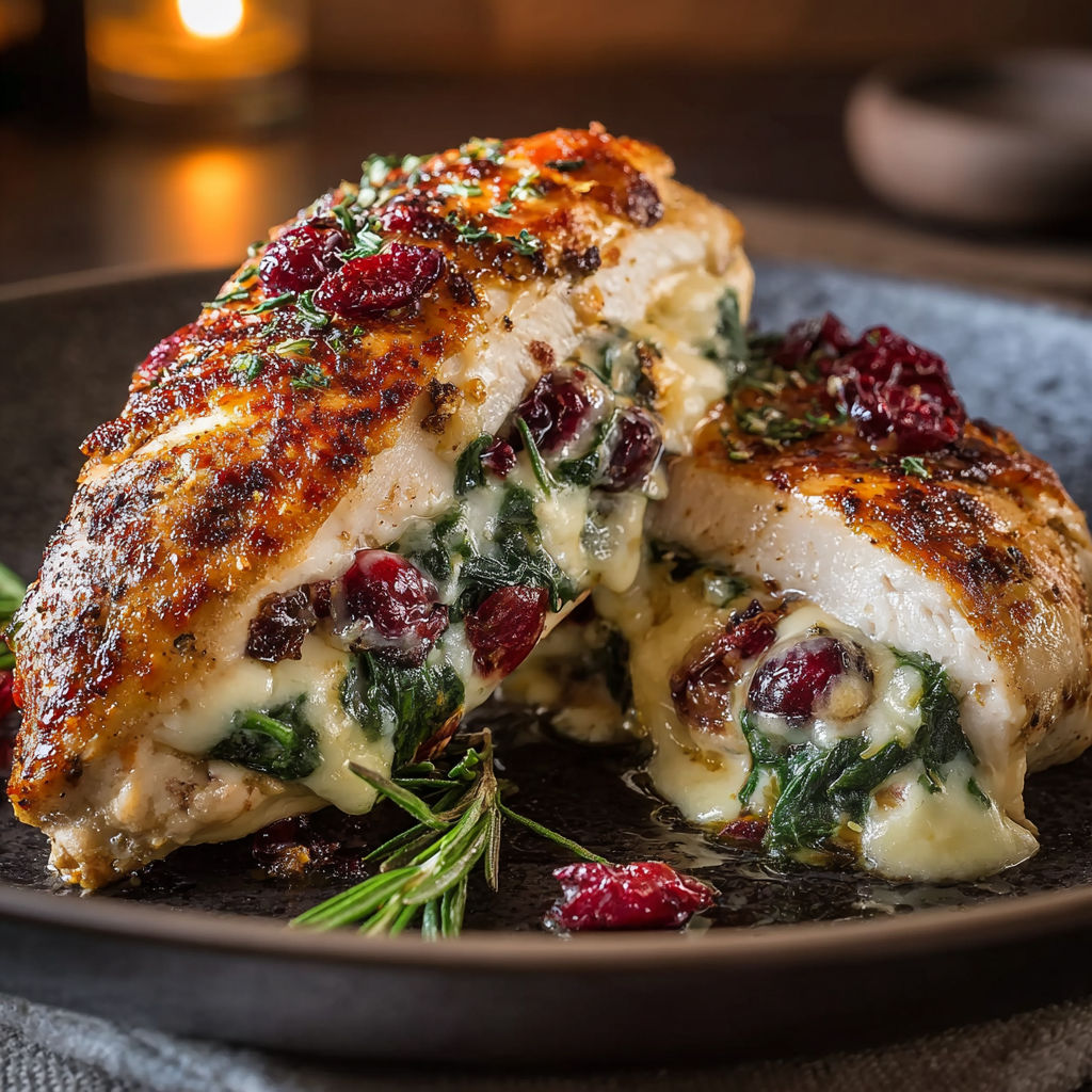 A plate of Cranberry & Spinach Stuffed Chicken Breasts with Brie.