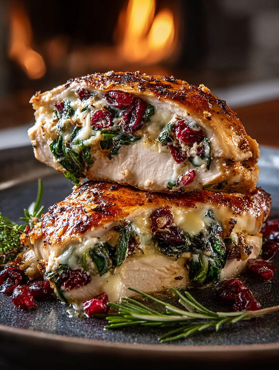 Two stuffed chicken breasts with spinach and cranberries, served on a plate with a sprig of rosemary.