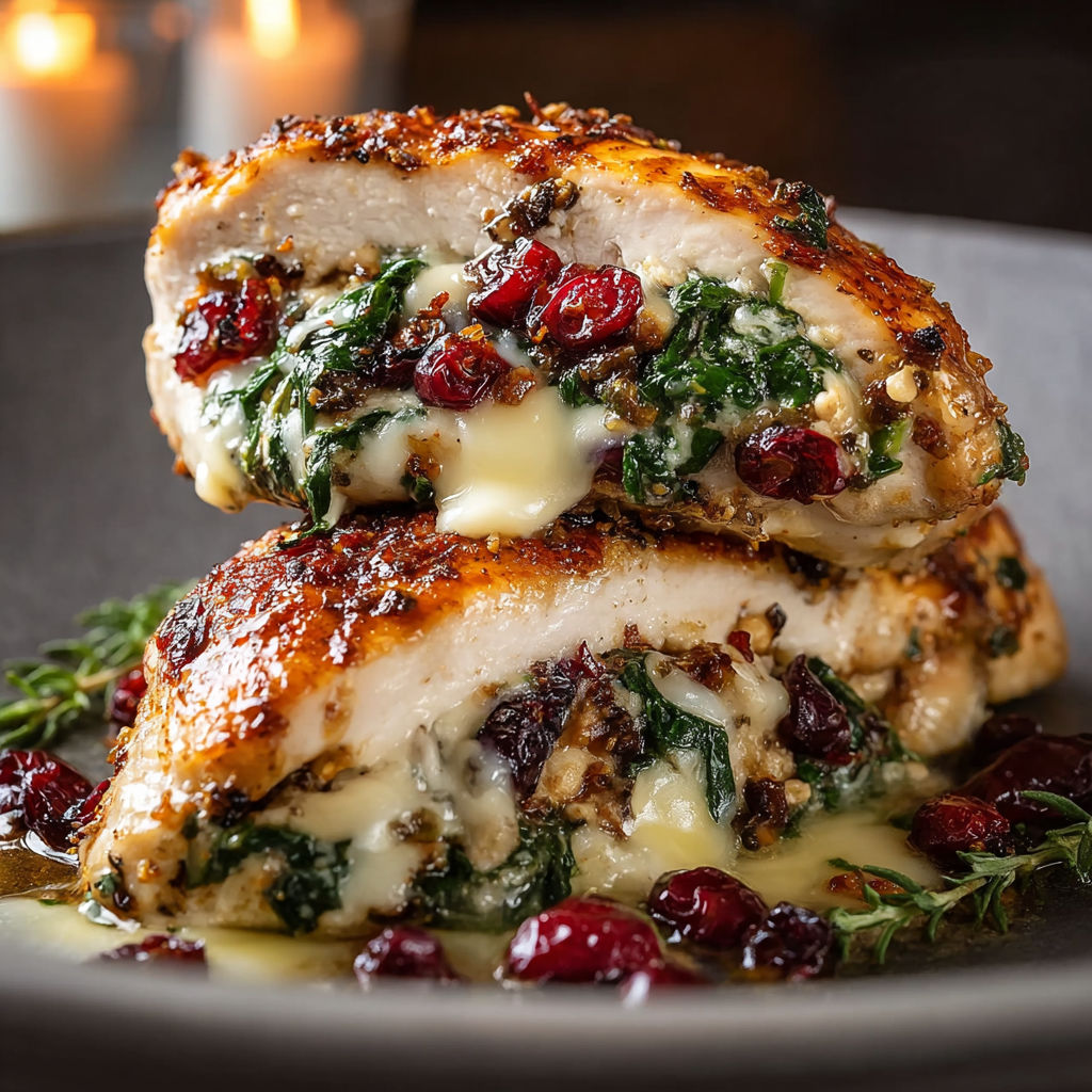Two stuffed chicken breasts with spinach and cranberries, topped with brie cheese.