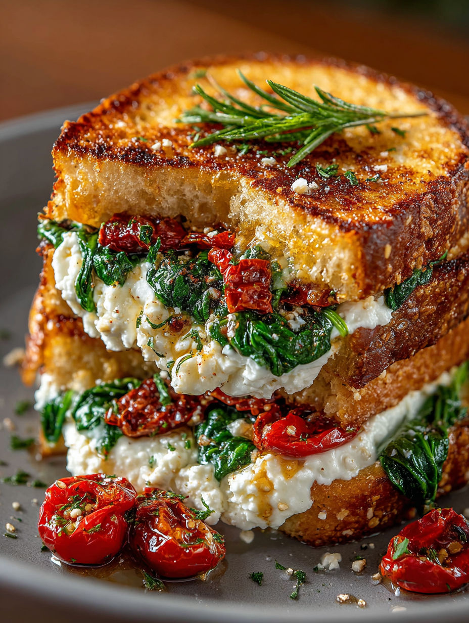 A delicious Mediterranean sandwich with tomatoes, spinach, and feta cheese.