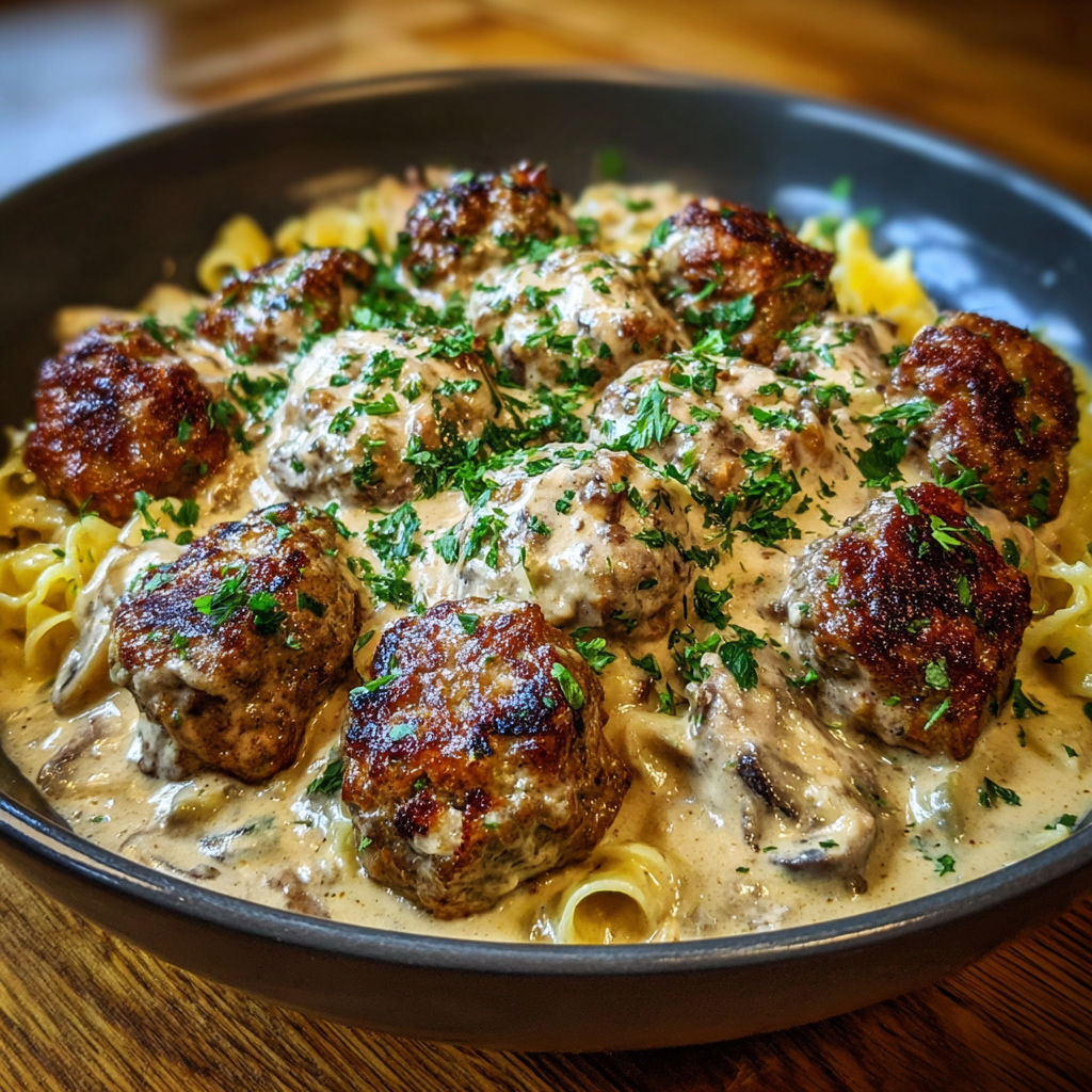 A bowl of pasta with meatballs and sauce, possibly a creamy mushroom sauce.