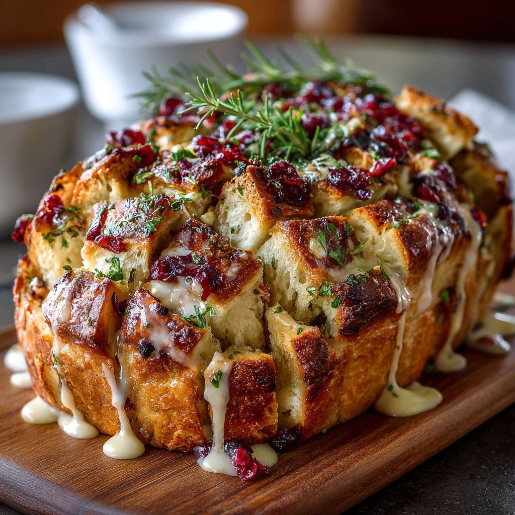 A delicious looking casserole with a variety of ingredients, including bread, cheese, and herbs, is presented on a wooden cutting board.