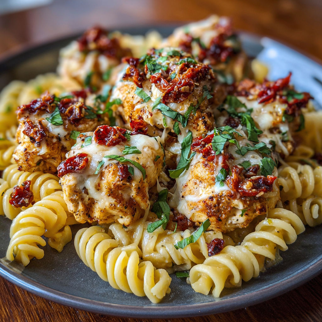 A plate of pasta with chicken and vegetables, including broccoli and red peppers.