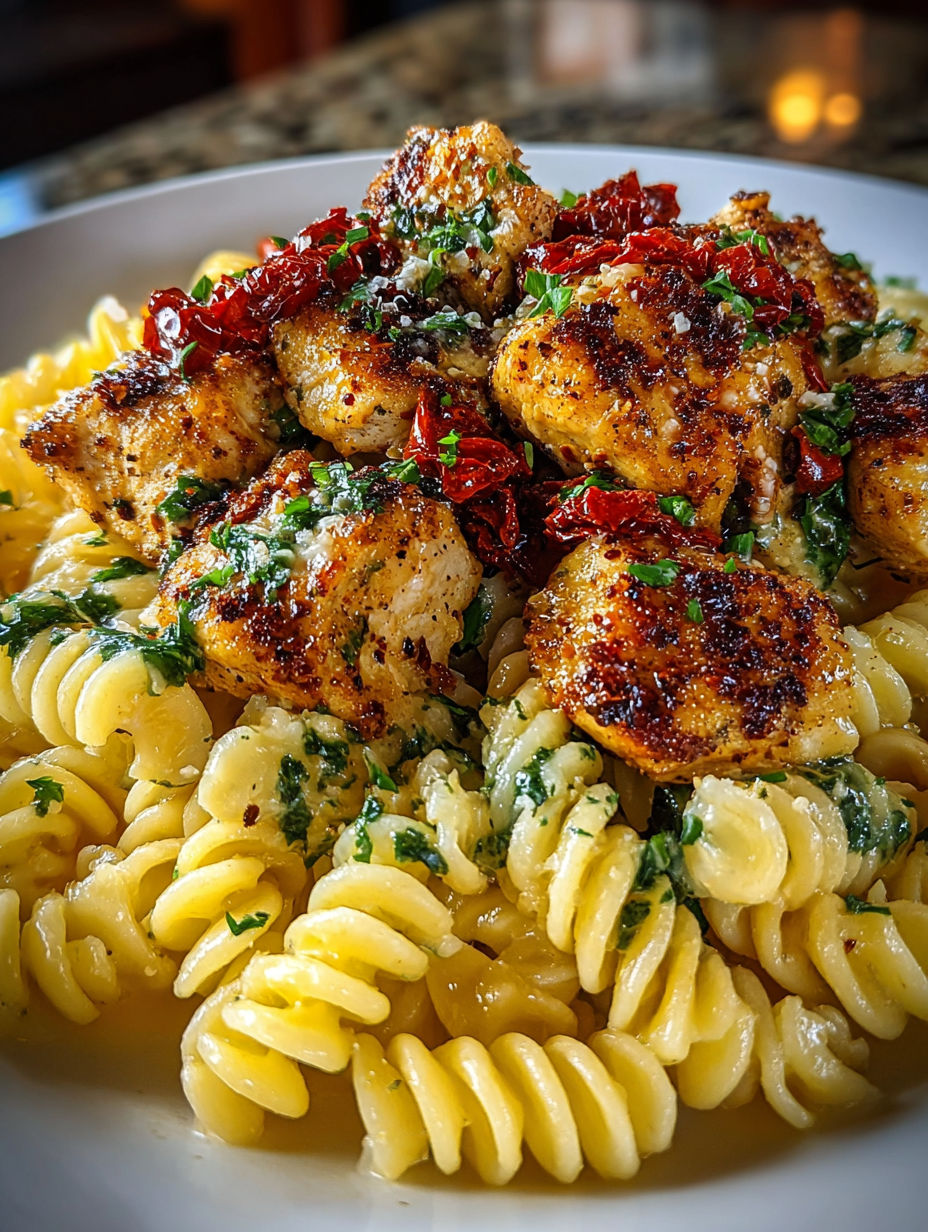 A plate of pasta with chicken and tomatoes on top.