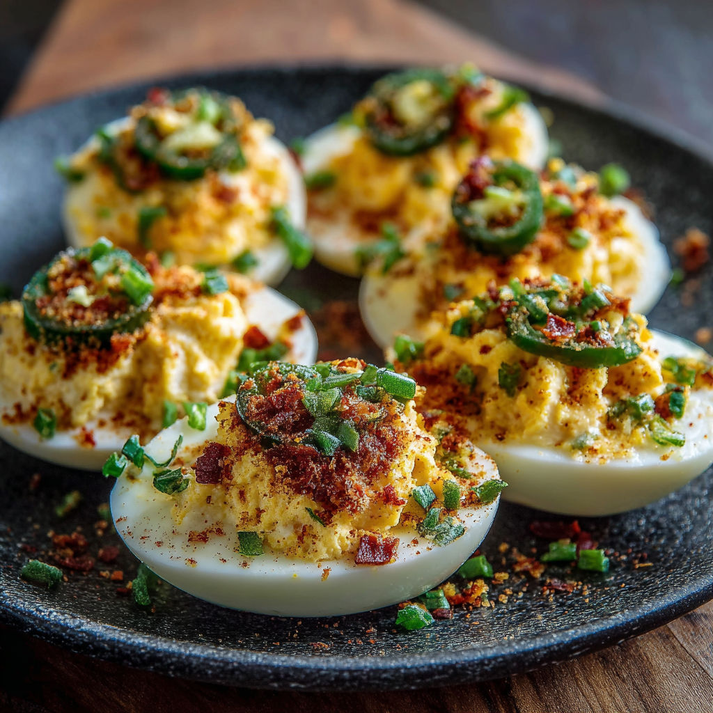 A plate of deviled eggs with bacon and jalapenos on top.