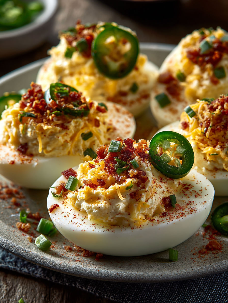 A plate of deviled eggs with bacon bits and jalapenos.
