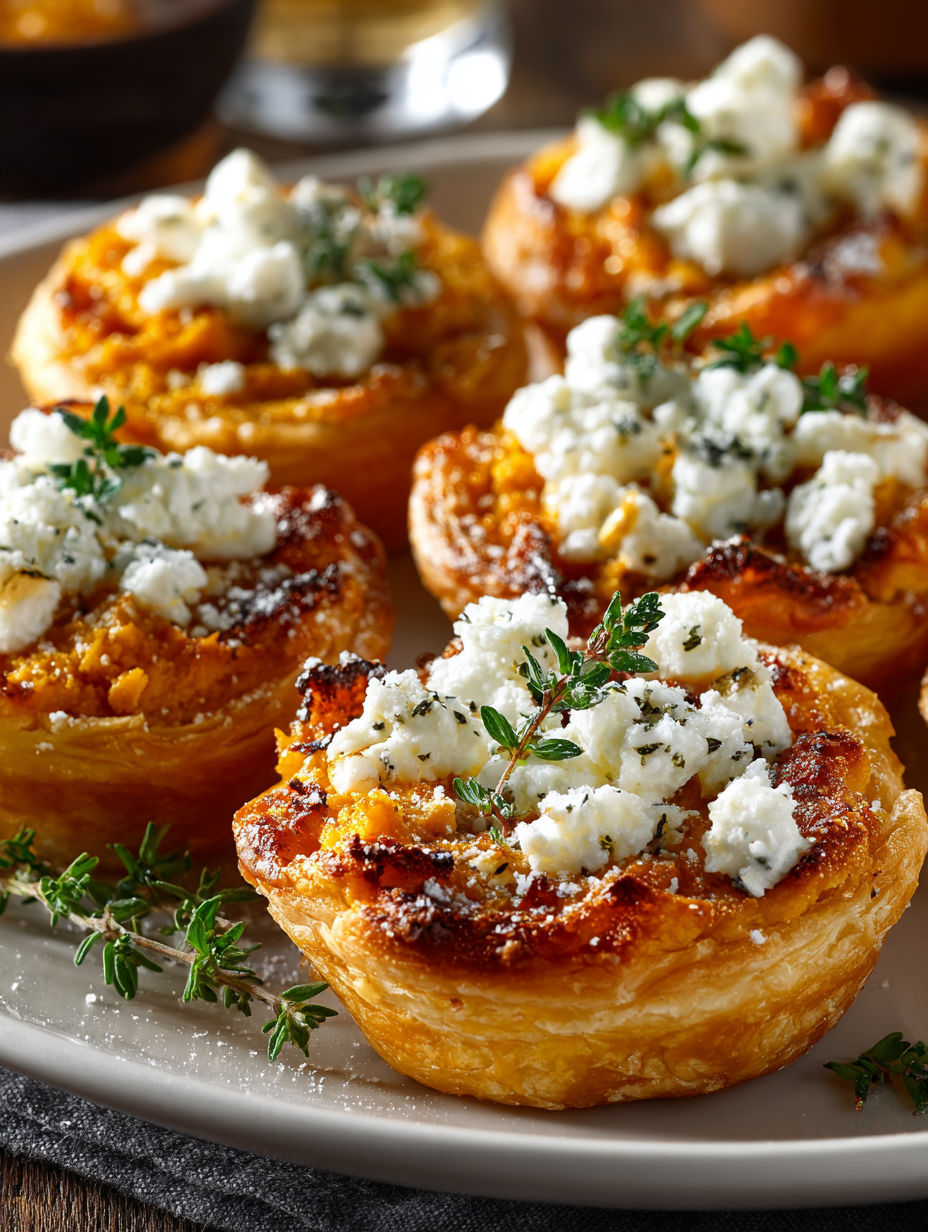 A plate of mini pumpkin pastries with feta cheese and herbs on top.