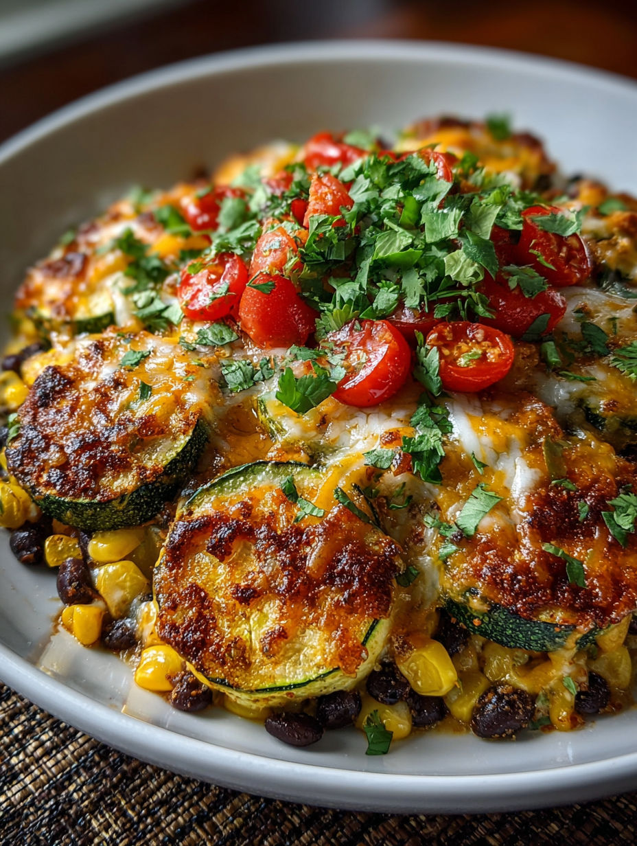 A delicious meal of zucchini, tomatoes, cheese, and beans, all cooked together in a white bowl.