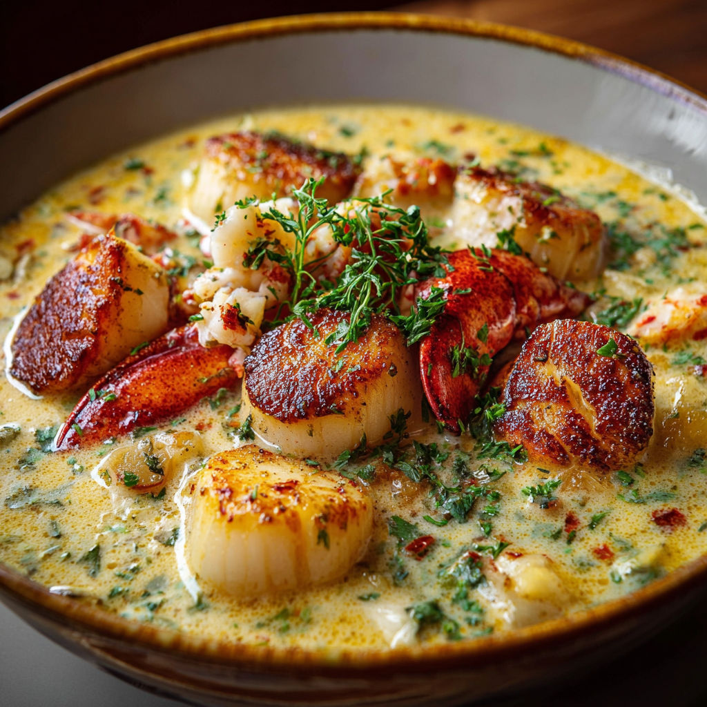 A bowl of lobster soup with a variety of ingredients, including shrimp, scallops, and herbs.