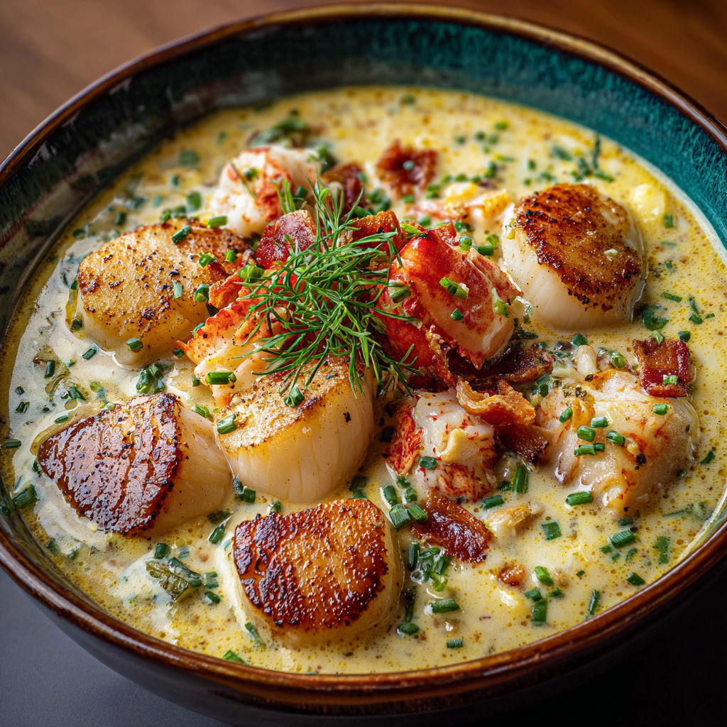 A bowl of soup with clams, bacon, and herbs.
