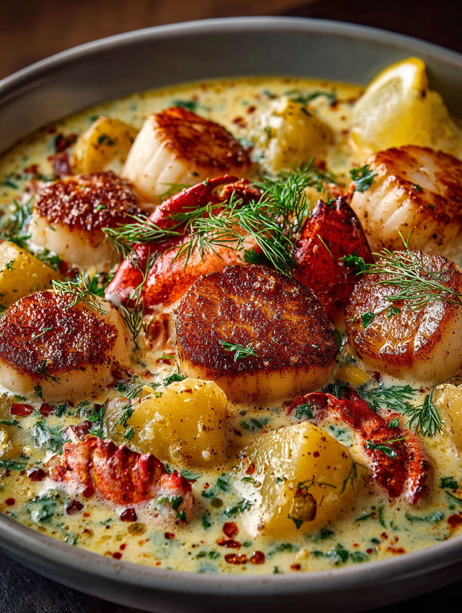 A bowl of clam chowder with a variety of vegetables and seafood.