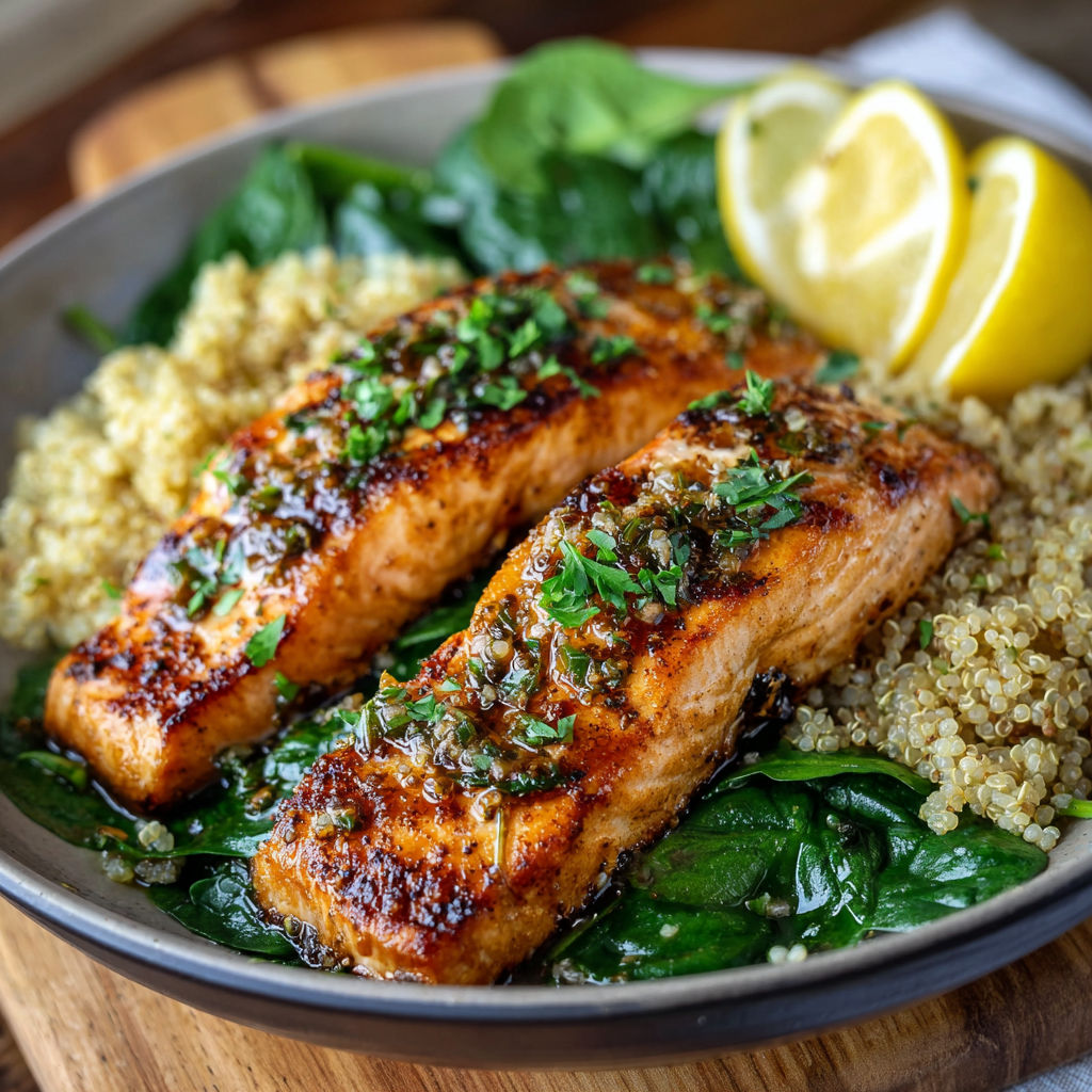 A plate of fish with lemon and herbs on top.