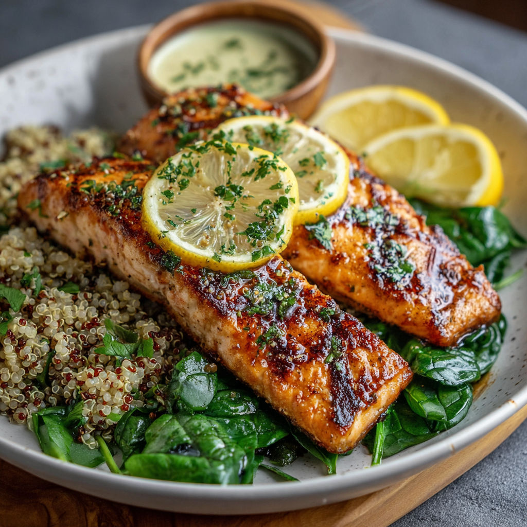 A plate of fish with lemon and herbs, accompanied by a bowl of sauce.