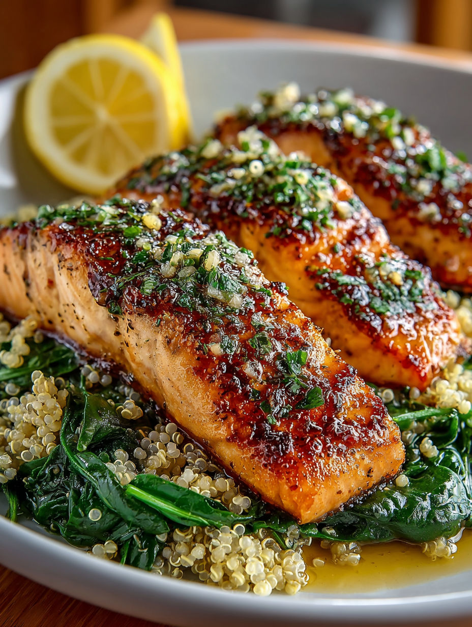 A plate of fish with a side of lemon and herbs.