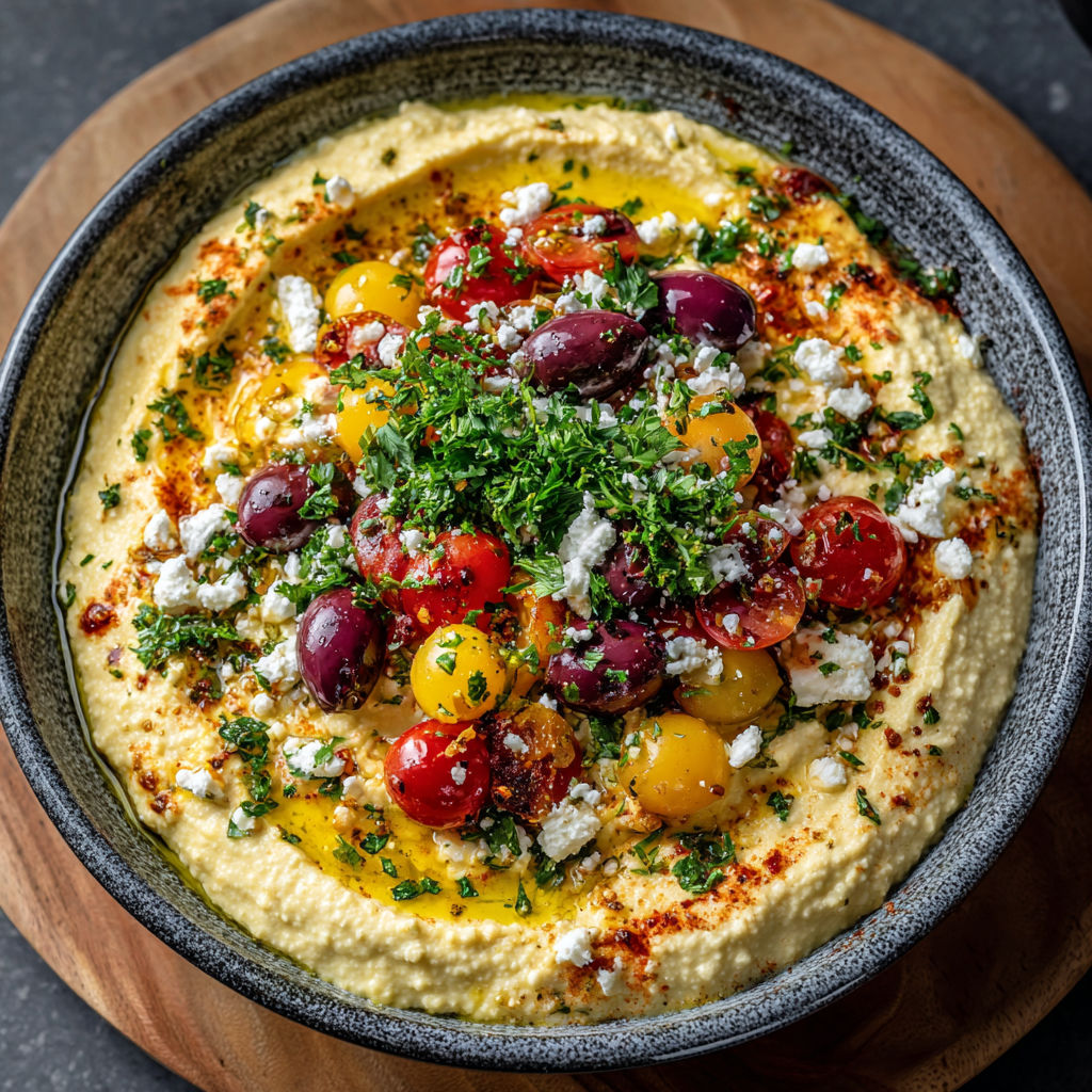 A bowl of Greek-style dip with tomatoes, olives, and feta cheese.