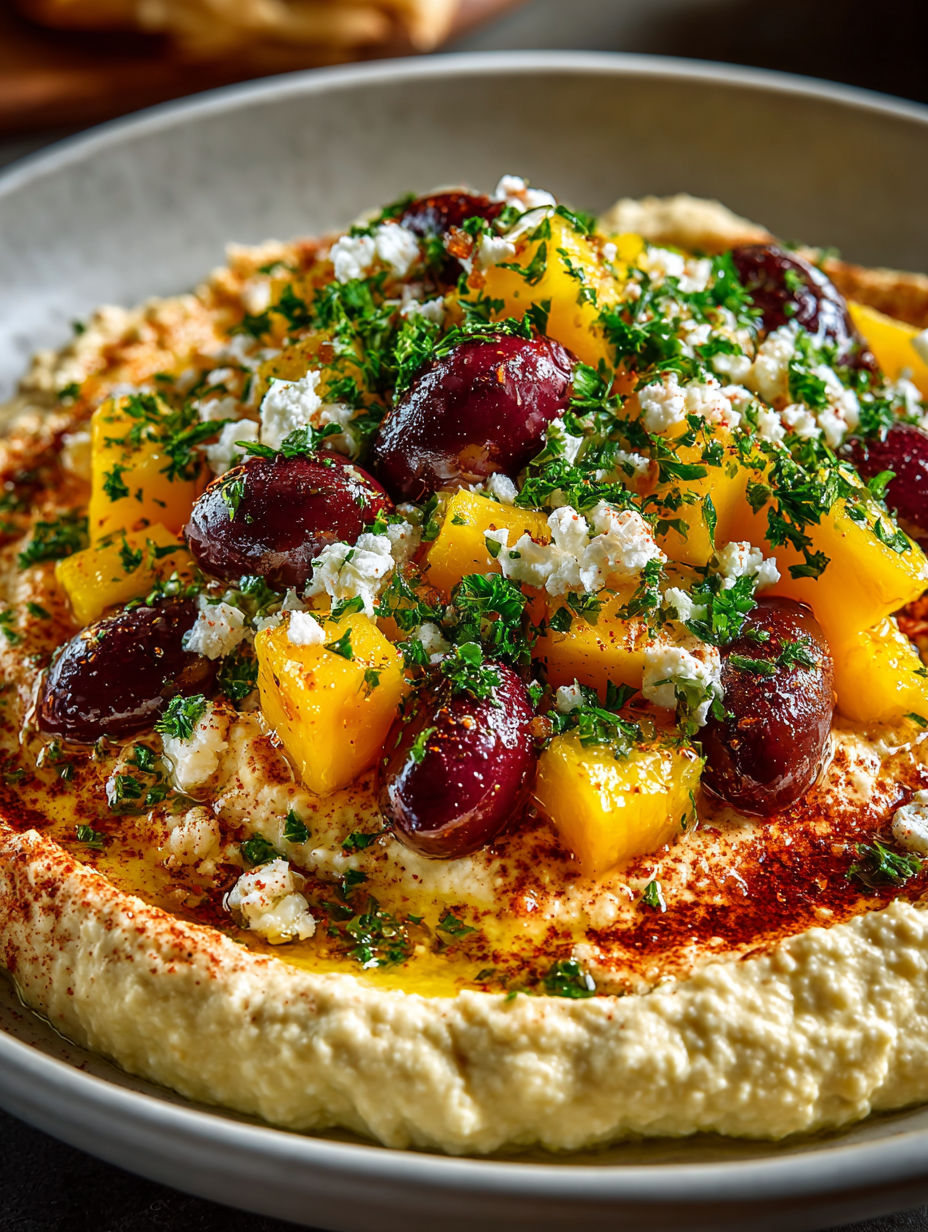 A dish of Greek-style food, featuring a variety of fruits and vegetables, is presented on a plate.