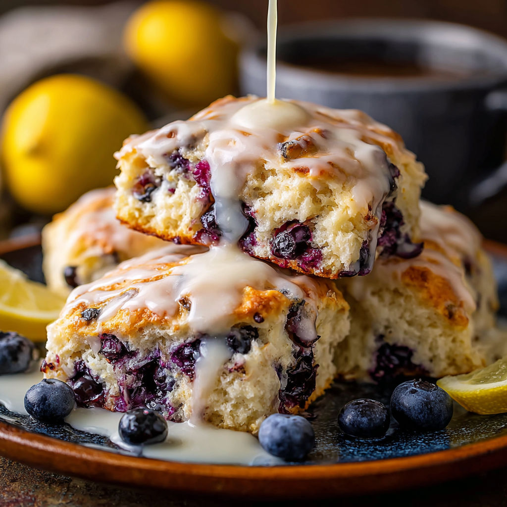A plate of blueberry cake with a lemon wedge on top.