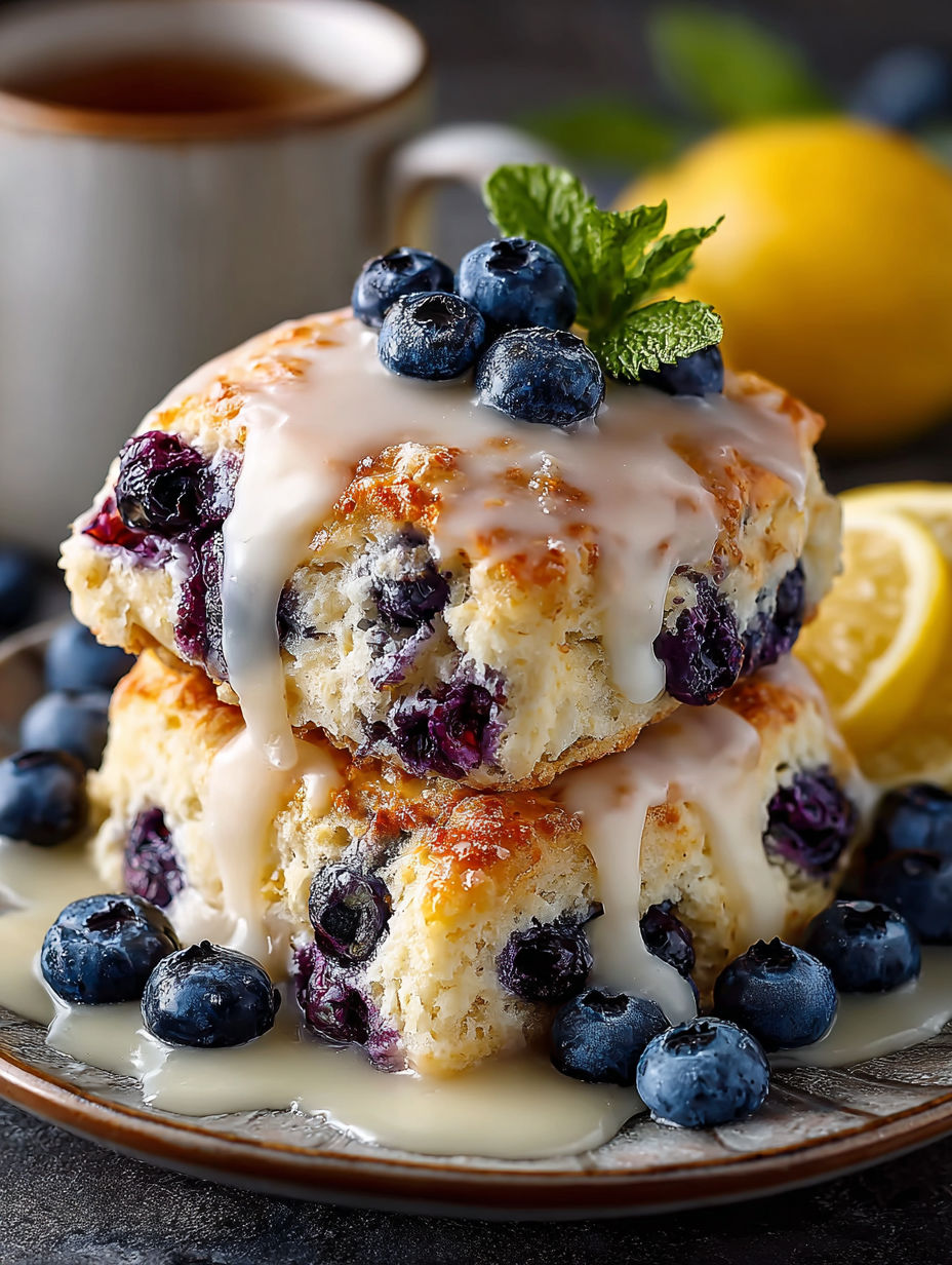 A stack of blueberry muffins with a drizzle of icing on top.