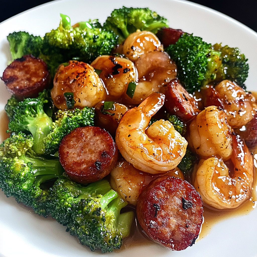 A plate of shrimp and broccoli with a brown sauce.