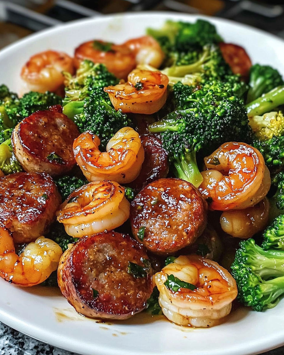 A bowl of shrimp and broccoli with a sauce.