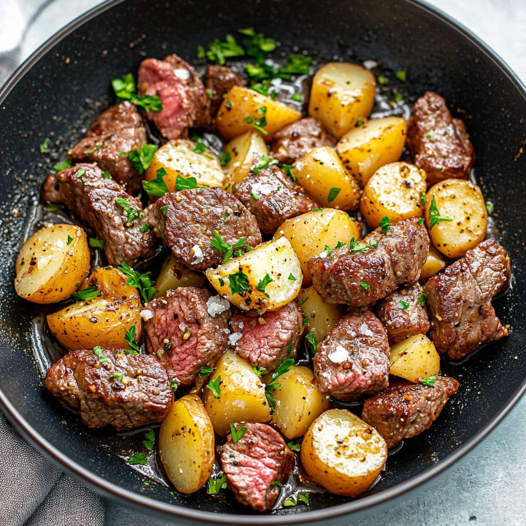 A delicious meal of garlic butter steak bites and potatoes is served in a bowl.
