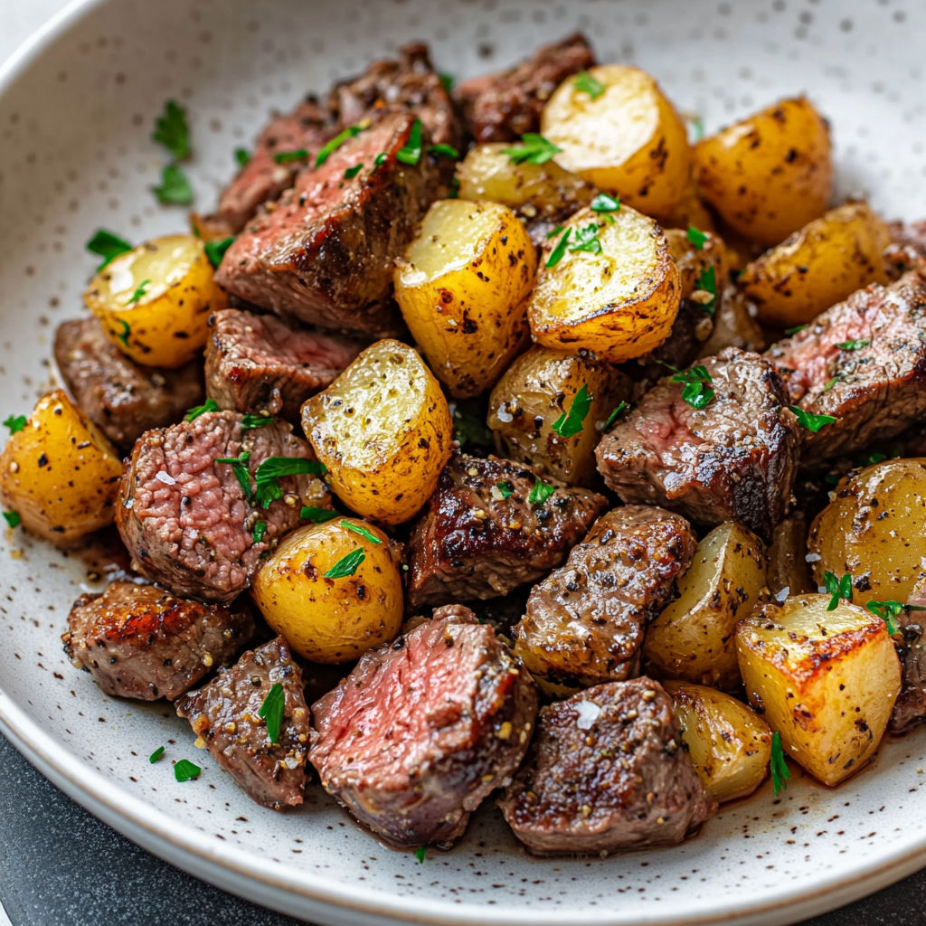 A plate of delicious garlic butter steak bites and potatoes.
