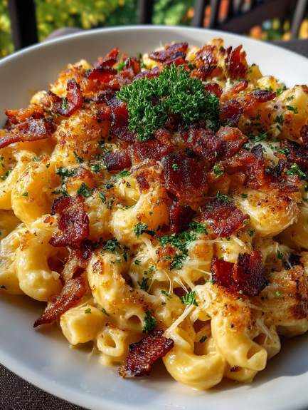 A delicious bacon mac and cheese dish served on a white plate.