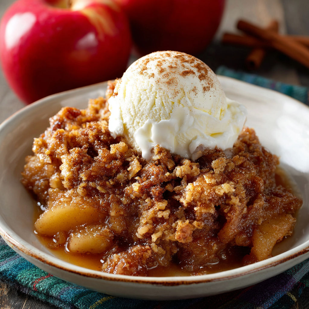 A delicious dessert made in a Crock-Pot, featuring a scoop of ice cream on top.